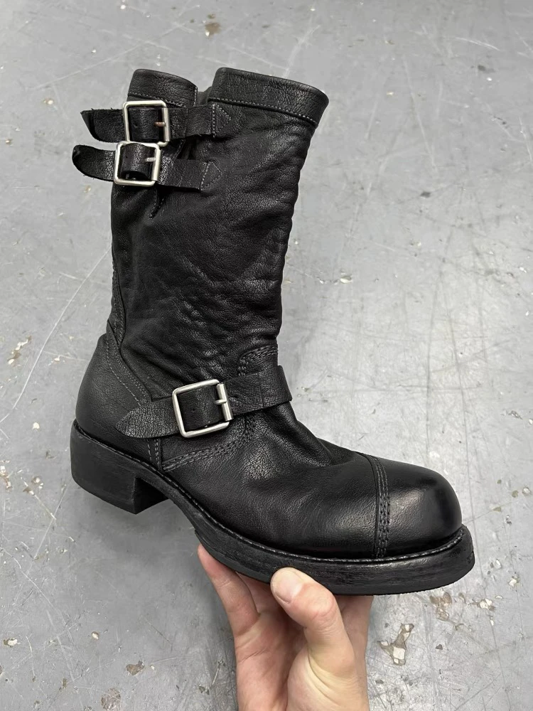 

Мужские ретро-мотоциклетные ботинки с ремнями, ботинки до середины голени, рыцарские ботинки, американские инженерные ботинки, состаренные ботинки с широким носком