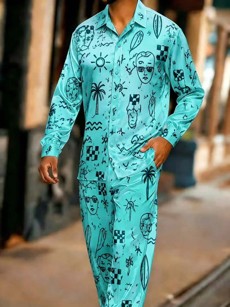New Silver Grey Dark Rose Skull Printed Long Sleeve Set High Street Trendy Cool Men's Shirt Long Pants Two Piece Set view 5
