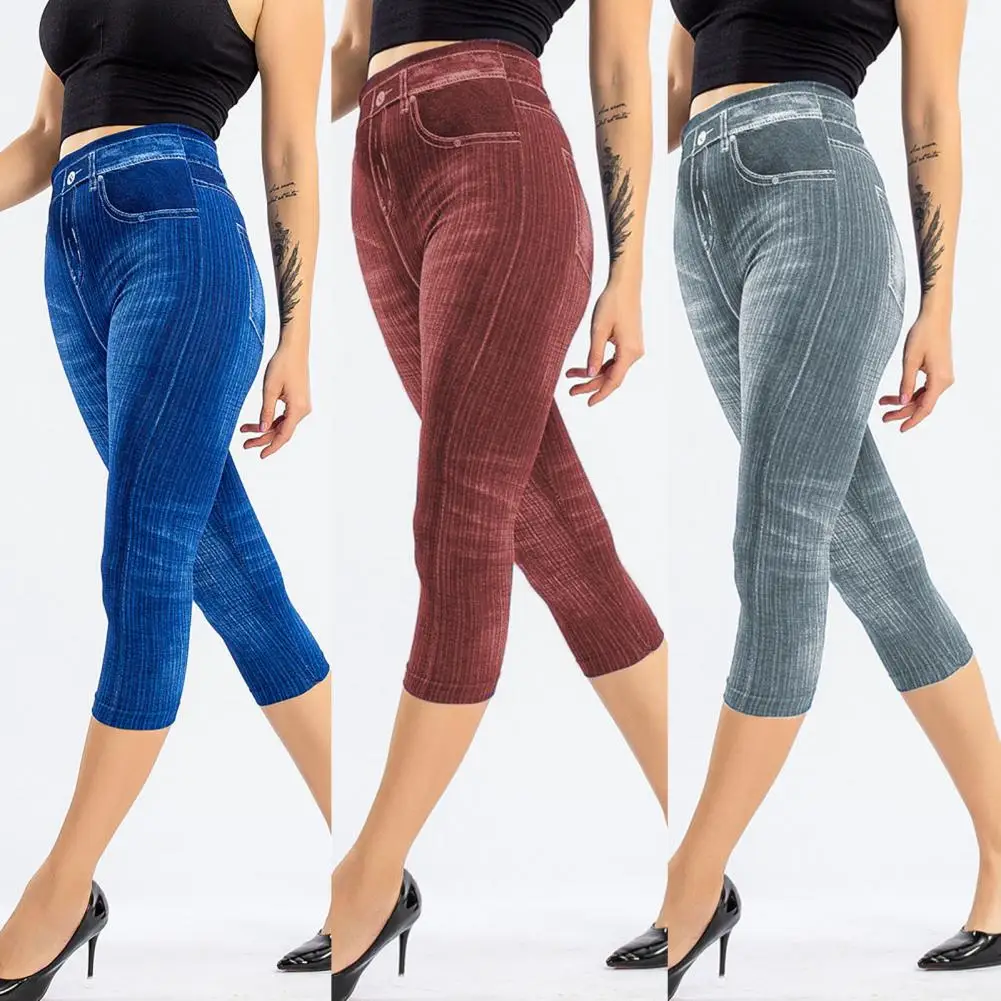 

Fake Jeans Leggings Women Elasticity Hip Lift Solid Color Slim Pants Elegant Stretch Printed Short Legging Calf-length Pants