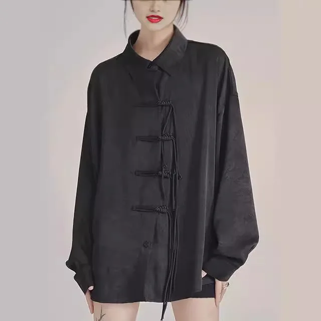 Blus hitam elegan Perancis Baru kerah Lapel longgar wanita Korea perban silang manis kemeja indah Single Breasted Streetwear