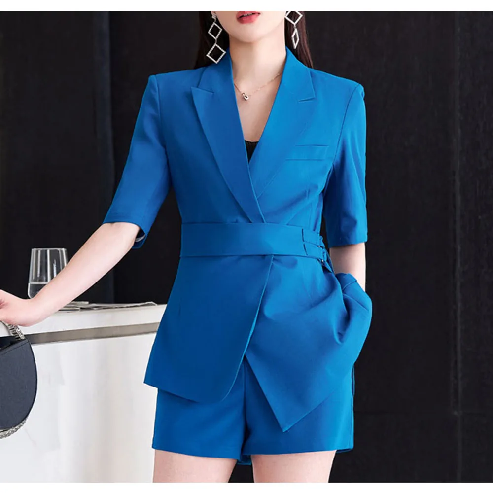 

Tesco Spring Summer Short Pants Sets For Women Short Sleeve Jacket With Belt Royal Blue Pantsuit 2 Piece For Business Suit