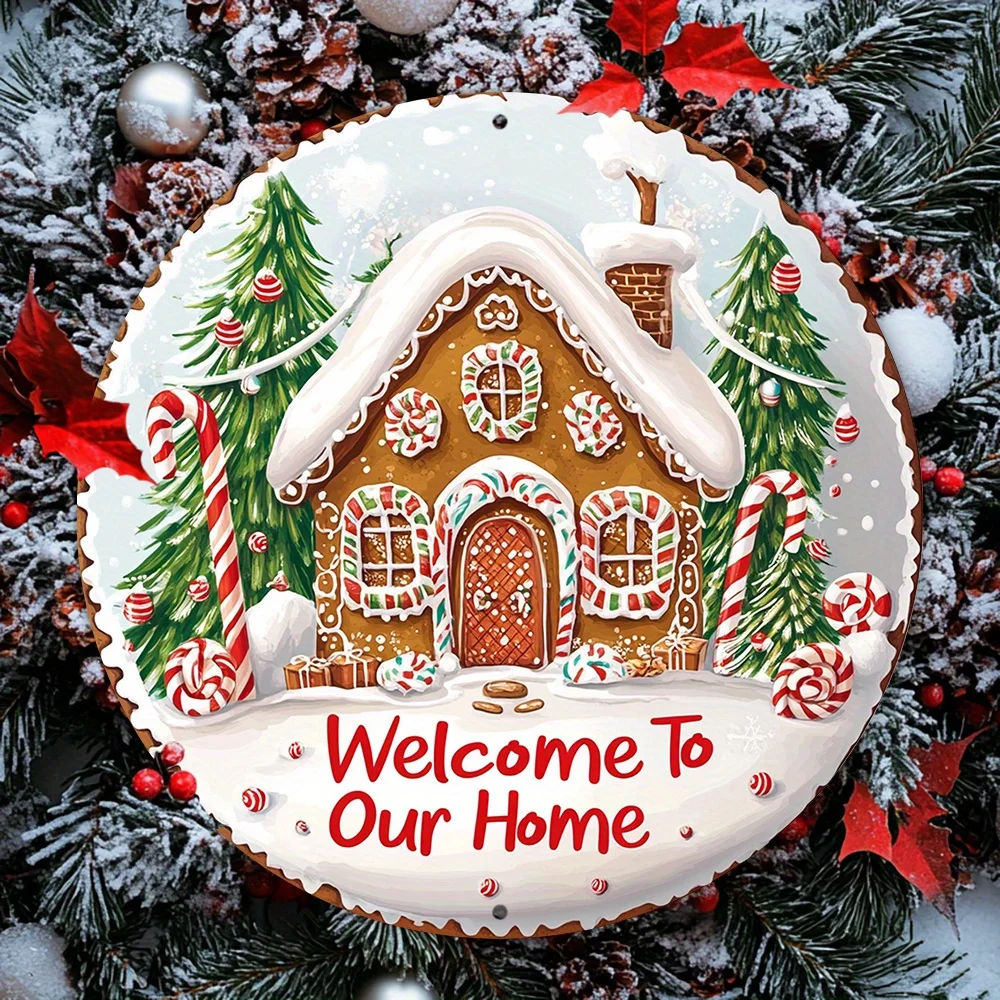 2D Flat, 1pc, 2D Flat-printed Round Wooden Sign Wall Decor, Gingerbread House Themed Wooden Decoration, Suitable for Home, Bar,