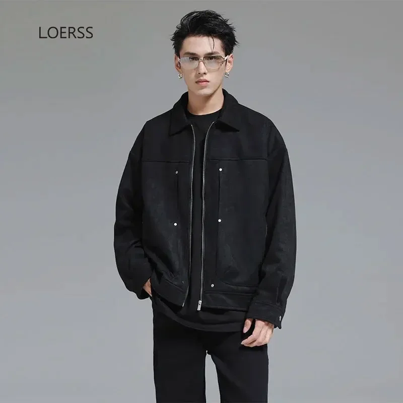 LOERSS Suede Jacket for Men Basic Vintage Turn-down Collar Jacket  Autumn Winter Casual Long Sleeve Coat Versatile Streetwear