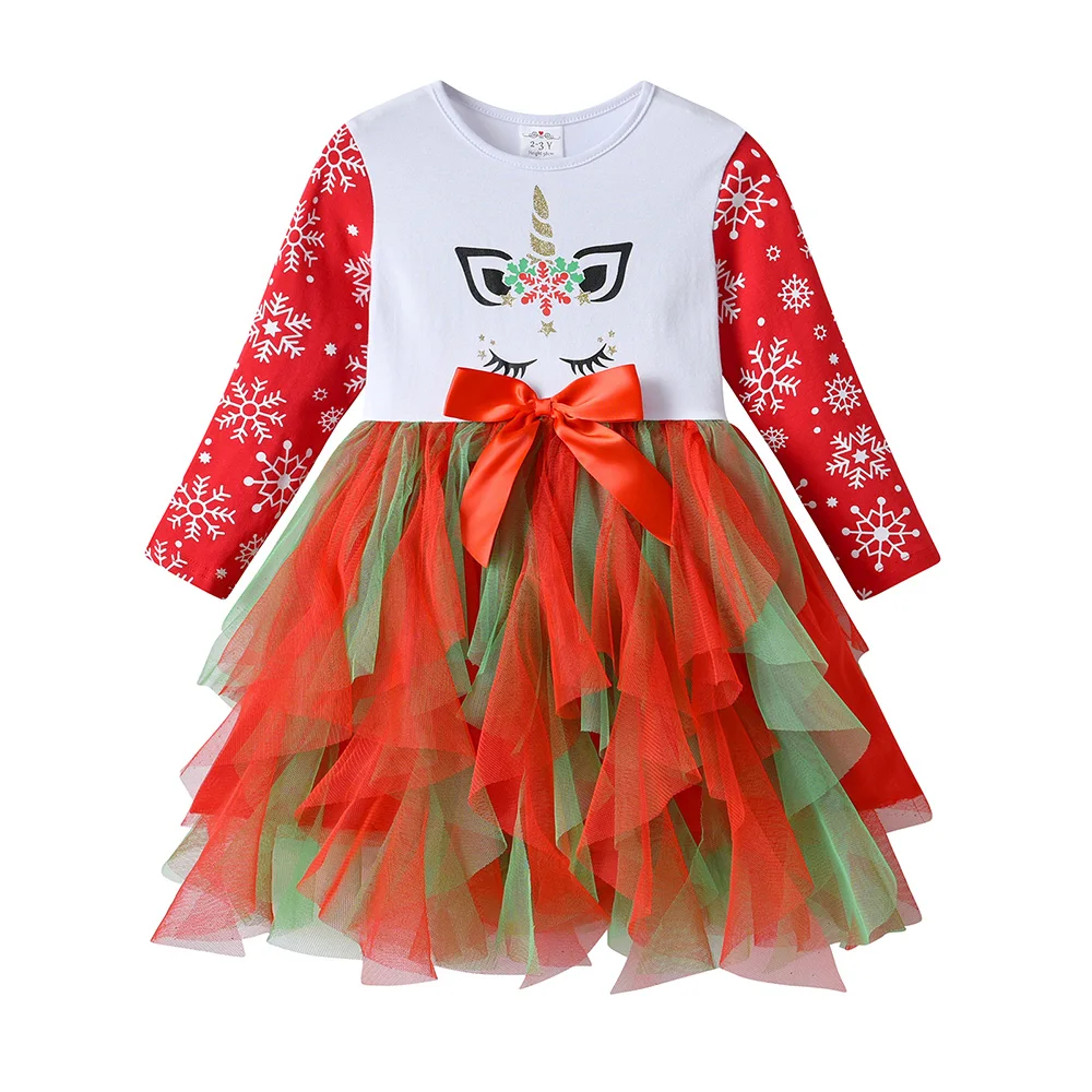DXTON Neujahr Party Geschenk Mädchen Weihnachtskleid Schneeflocken Druck Kinder Winterkleidung Unregelmäßiger Tüll Mesh Schleife Prinzessin Kleider – Detail 3