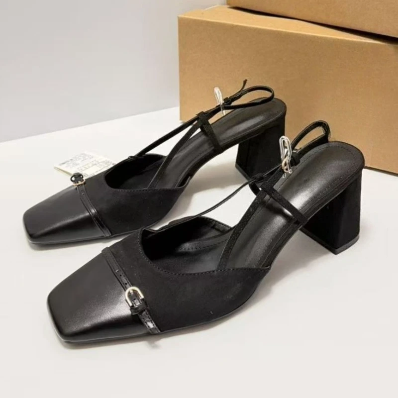 Chunky Heels Summer Women Slingback Sandals Vintage Square Toe Brown Suede Buckle Belt Patchwork Elegant Office Ladies Shoes - view 4