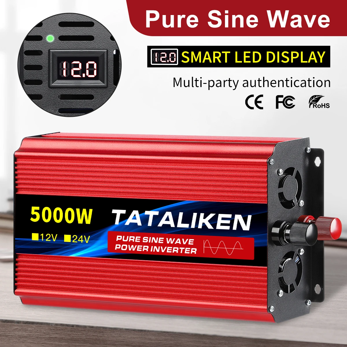High Power Pure Sine Wave Inverter 12V to 220V 5000W 10000W with LCD Display & Cooling Fan for Solar System Car RV Home