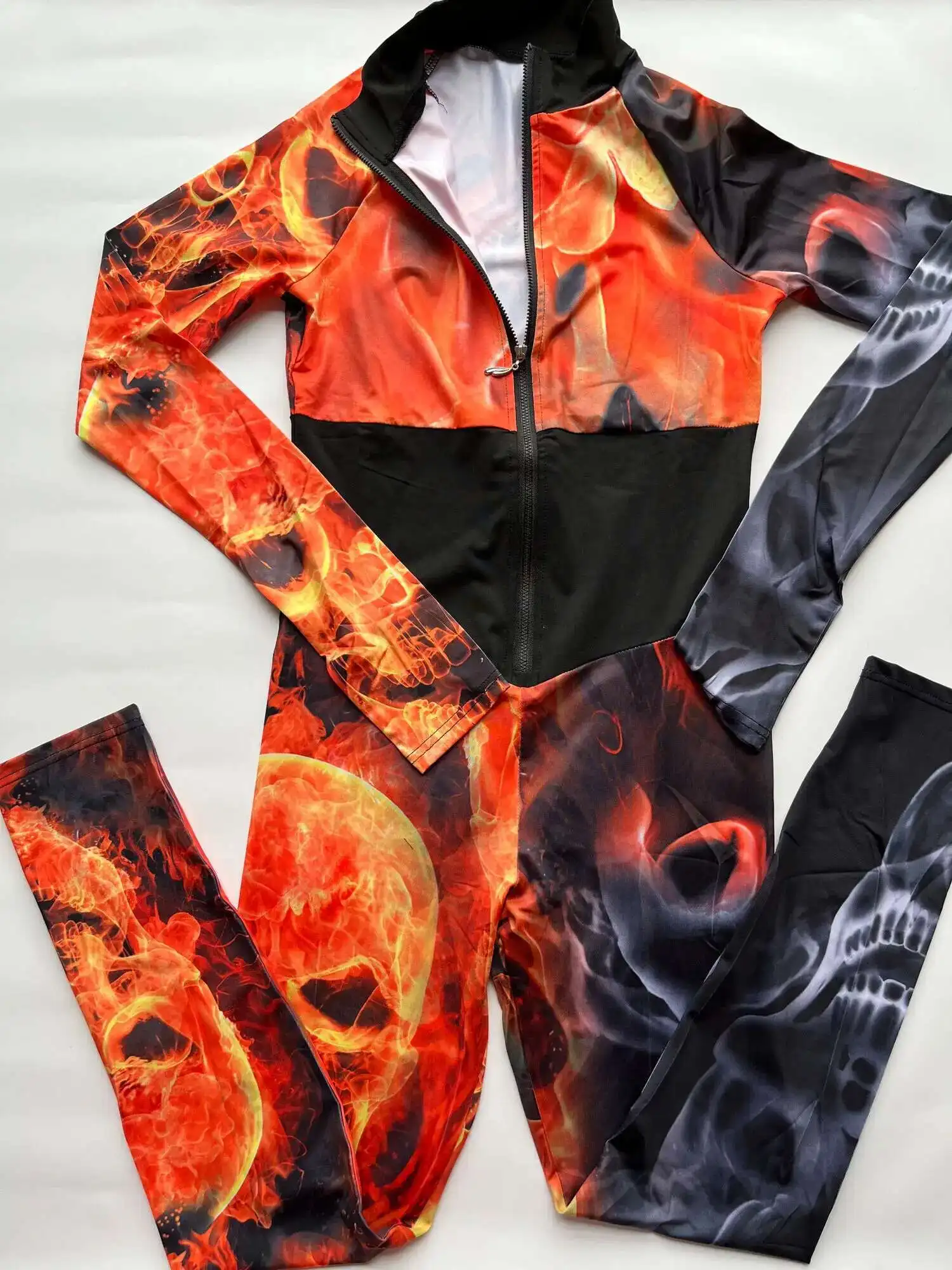 Spring Autumn Fire Printed Long Sleeves Zipper Sports Jumpsuits For Women Sports Gym One Piece Playsuit