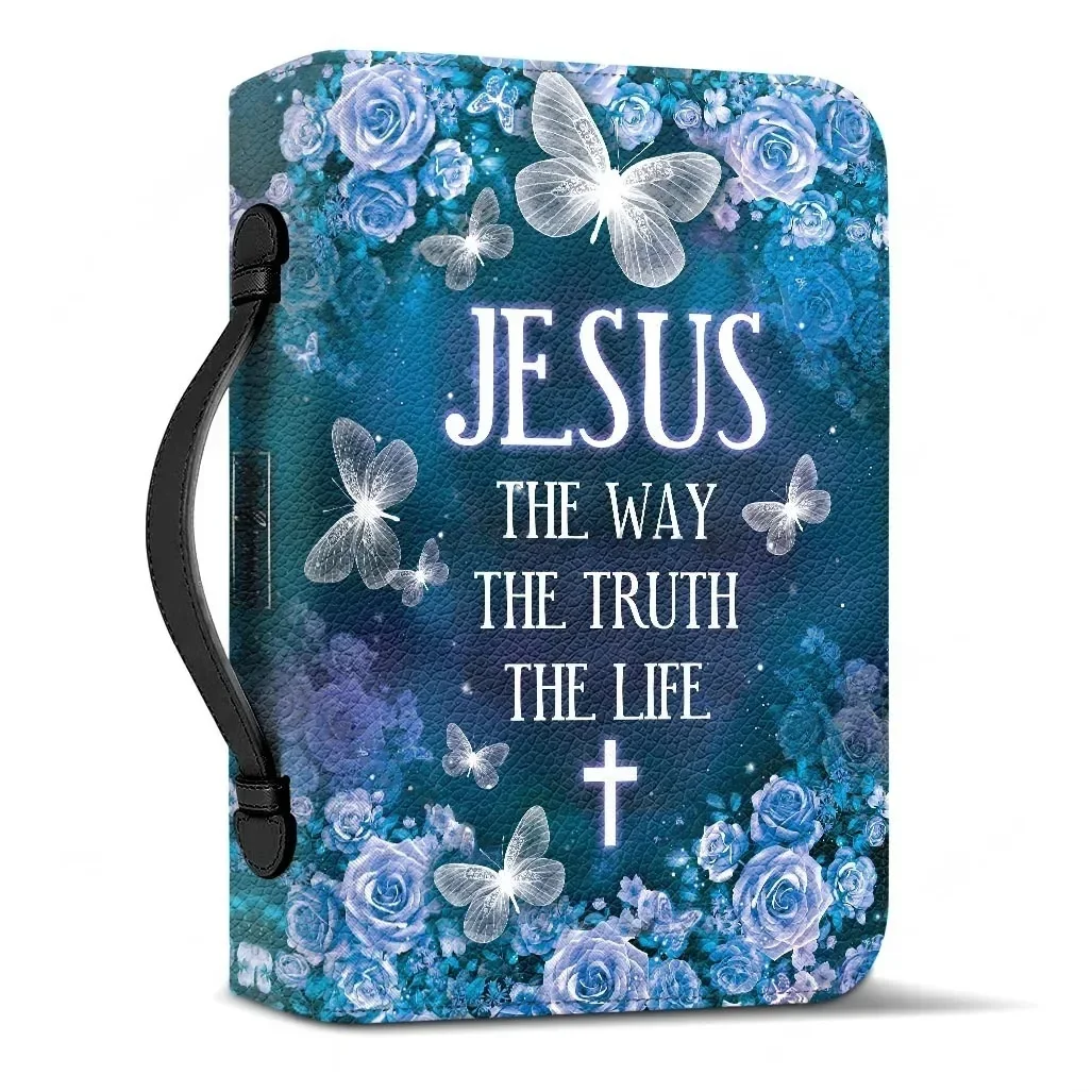 Étui de transport pour Bible en cuir PU personnalisé, avec poignée, motif papillons, pour protéger le livre, « Le Chemin, la Vérité, la Vie »