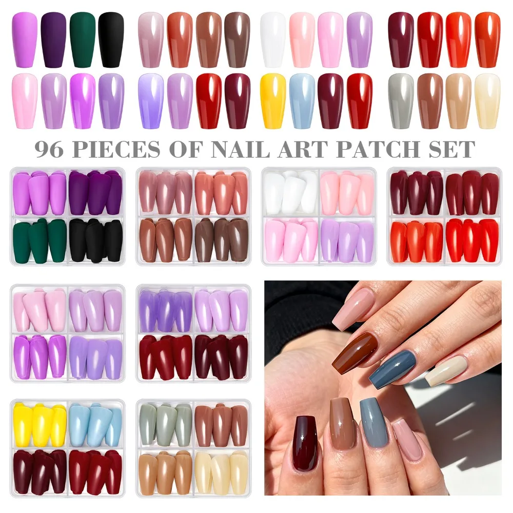 96pcs Coffin Ballet French False Nails Matte Pure Color Full Cover Nail Tips Detachable Mix Color Press on Nails