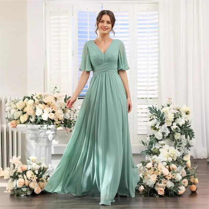 

A Line Chiffon Bridesmaid Dresses Short Sleeve V Neck Slit Pleat Elegant Wedding Party Formal Prom Evening Lace Up Back