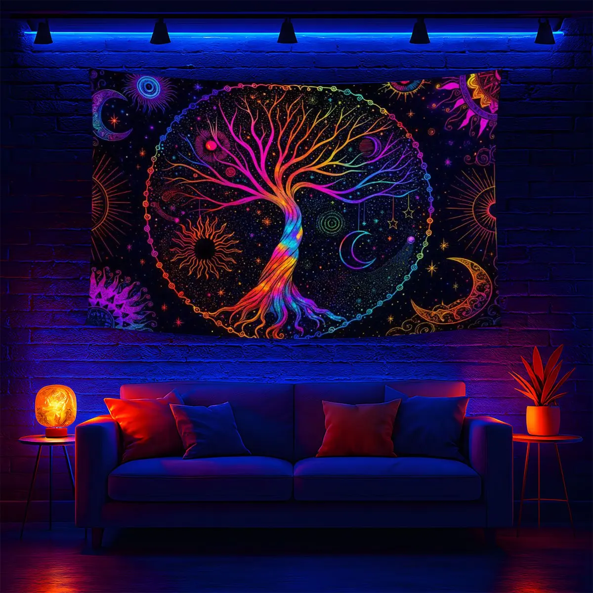 VIKAMA Tree of Life Tapestry Psychedelic Starry Sky Sun and Moon Shimmering Colors Decorative Bohemian Style Room Accent