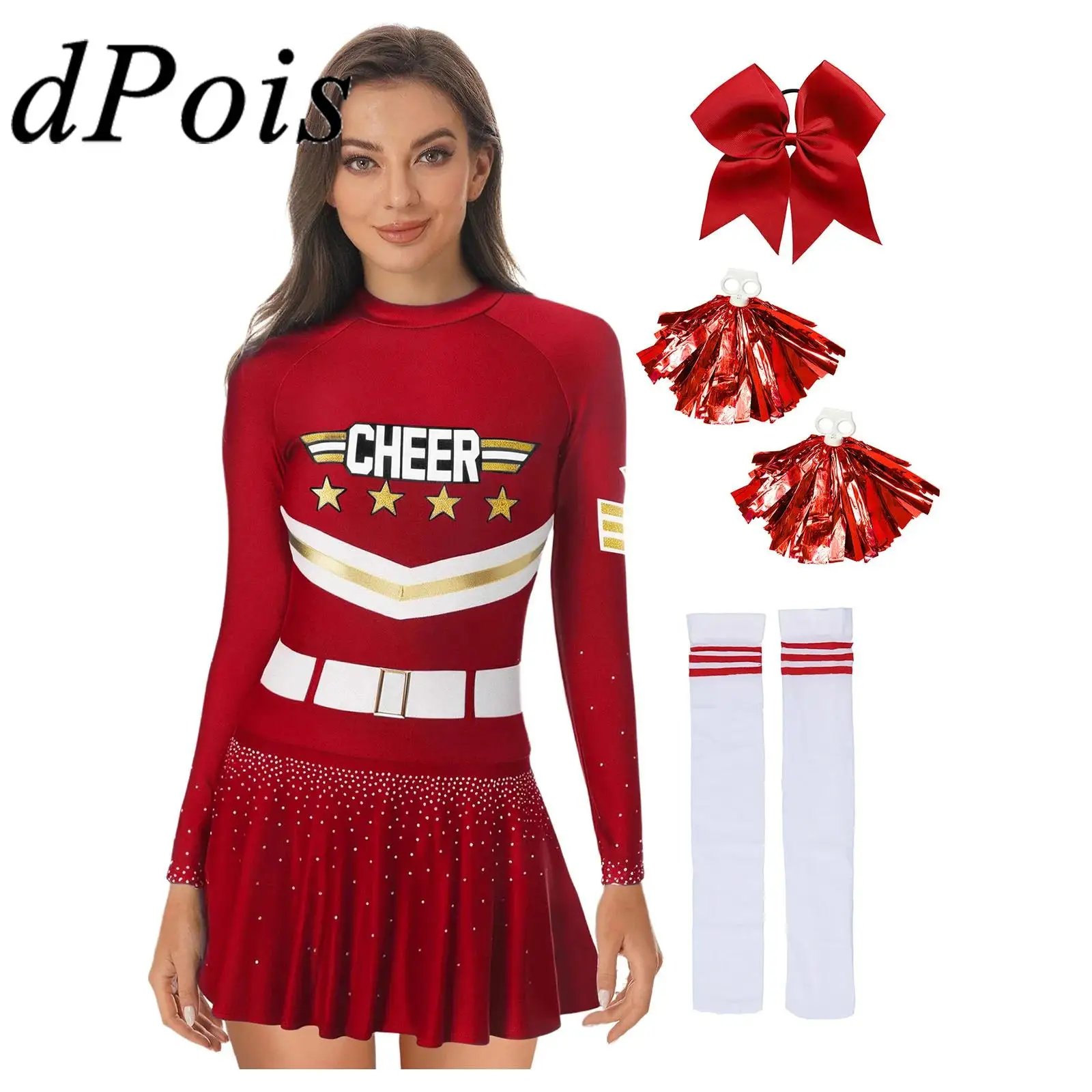 

Women Girls Cosplay Cheerleader Costumes Cheer-leading Dress with Hand Flowers Bowknot Hair Ties Tube Socks for Halloween Party