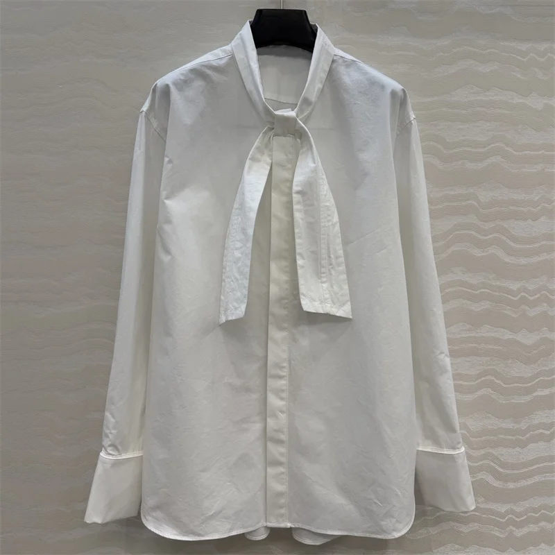 

Women's shirt Spring 2026 new single breasted slim fit women's long sleeved top 100% pure cotton scarf collar Women's blouse y2k