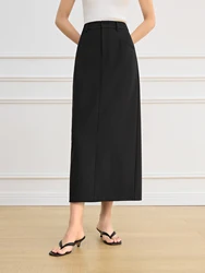 FSLE Women Black Long Skirts 2025 Spring High Waist Midi Simple Skirt Office Lady Back Spilt Design Temperament Skirt 25FS11267