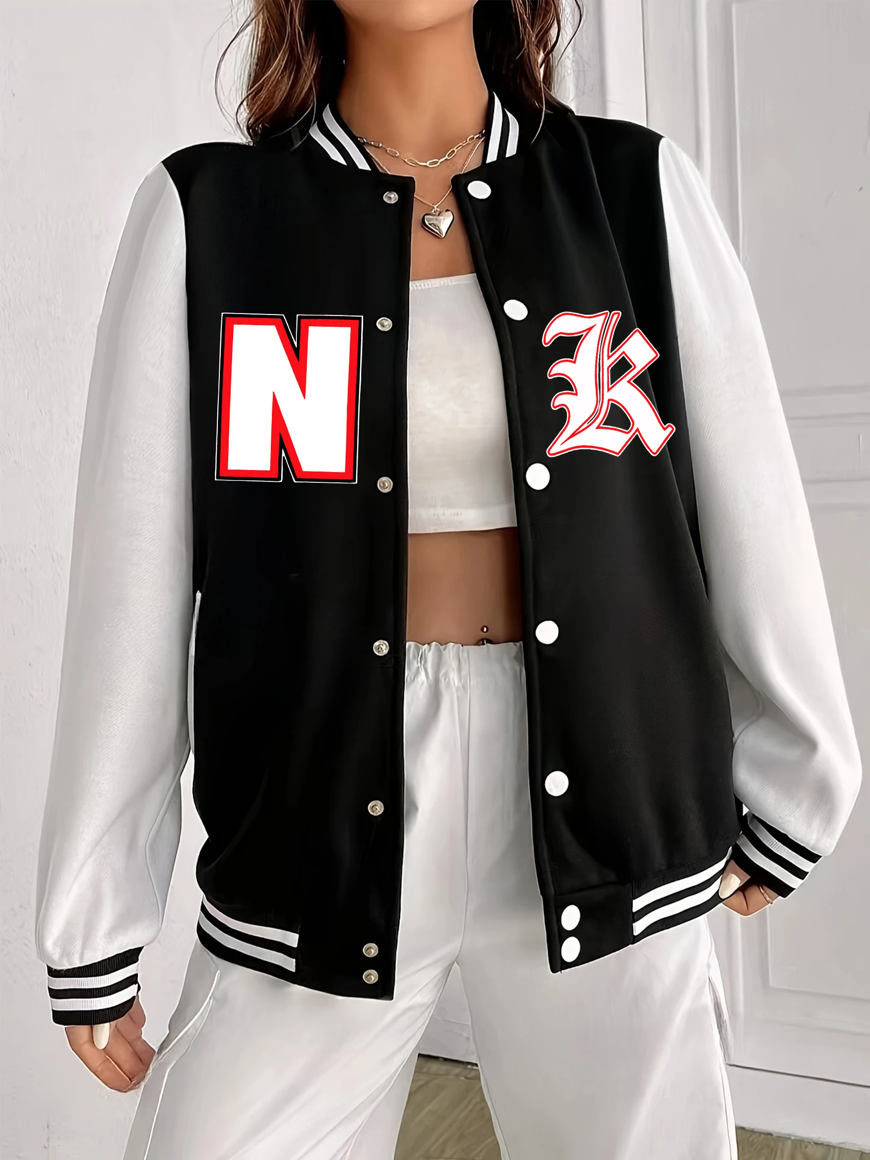 

Artistic Letters N And K Design Woman Jacket Autumn Fleece Clothes Casual Comfortable Baseball Uniform Oversized Sportswear