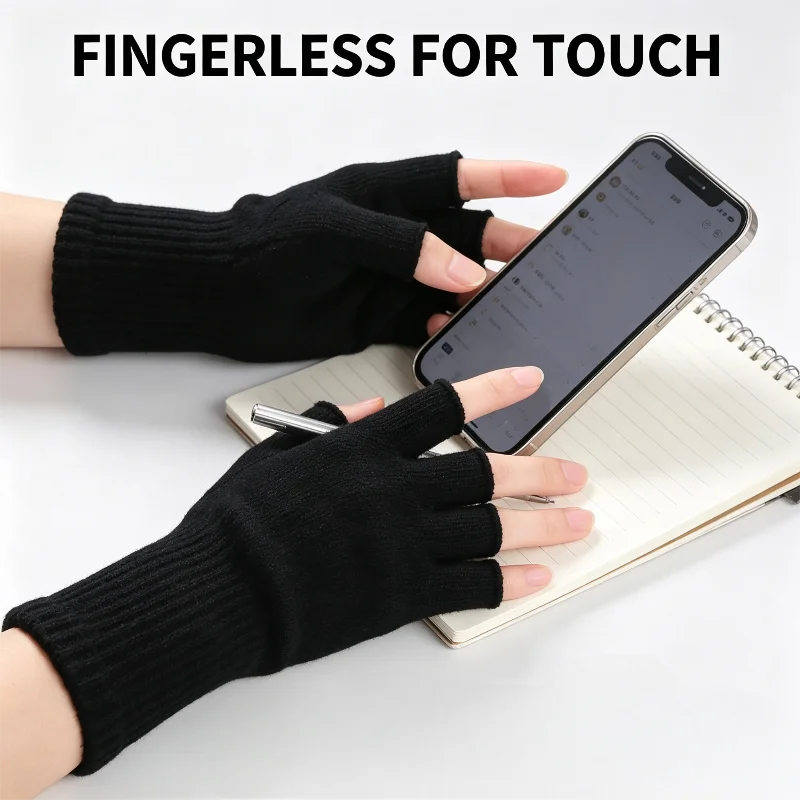 2026 Unisex Black Knitted Fingerless Gloves Thermal Warm Winter Fashion Men Women Riding Driving Writing Work Elastic Mittens