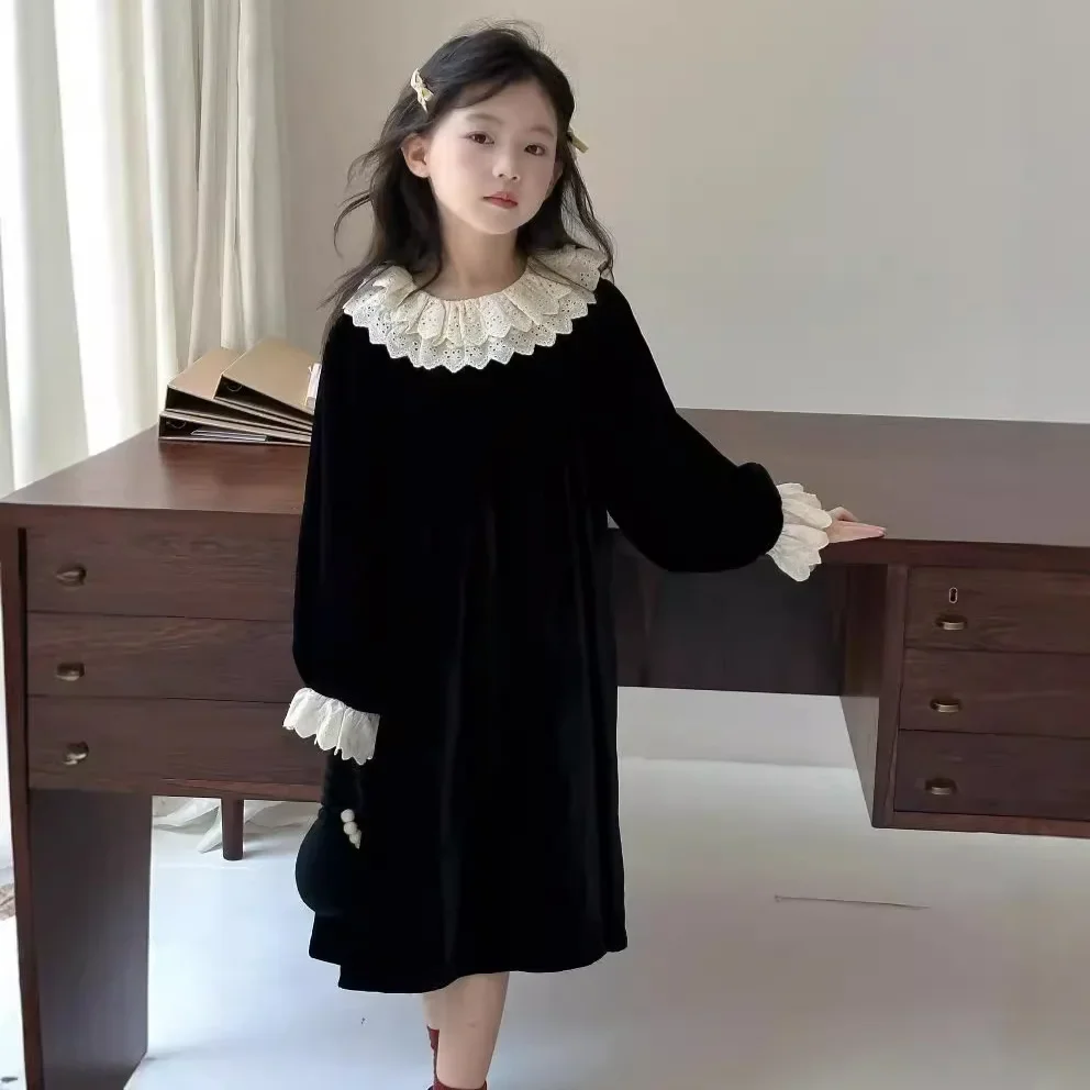 Children Clothing Girls French Style Long Sleeved Princess Dress 2024 Autumn New Girls Doll Collar Sweet and Cute Velvet Dress