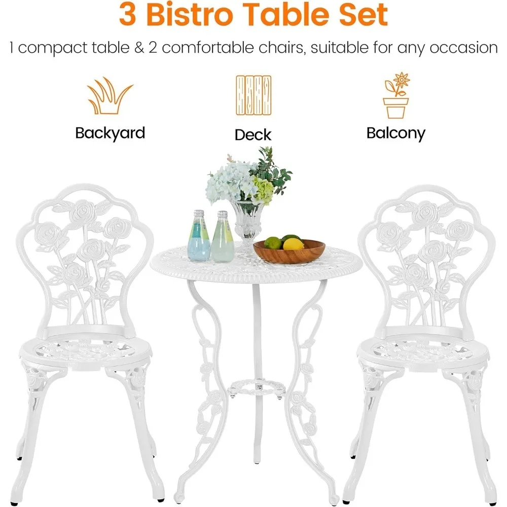 Kleines Bar-Set für den Außenbereich mit Rosen-Design, rostfreier Tisch und Stühle aus Aluminiumguss, Schirmloch, 3-teilig