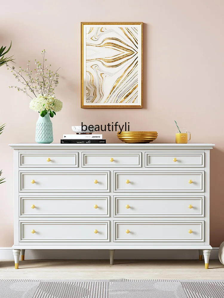 American light luxury chest, bedroom white eight-bucket all-solid wood storage cabinet, living room art storage drawer