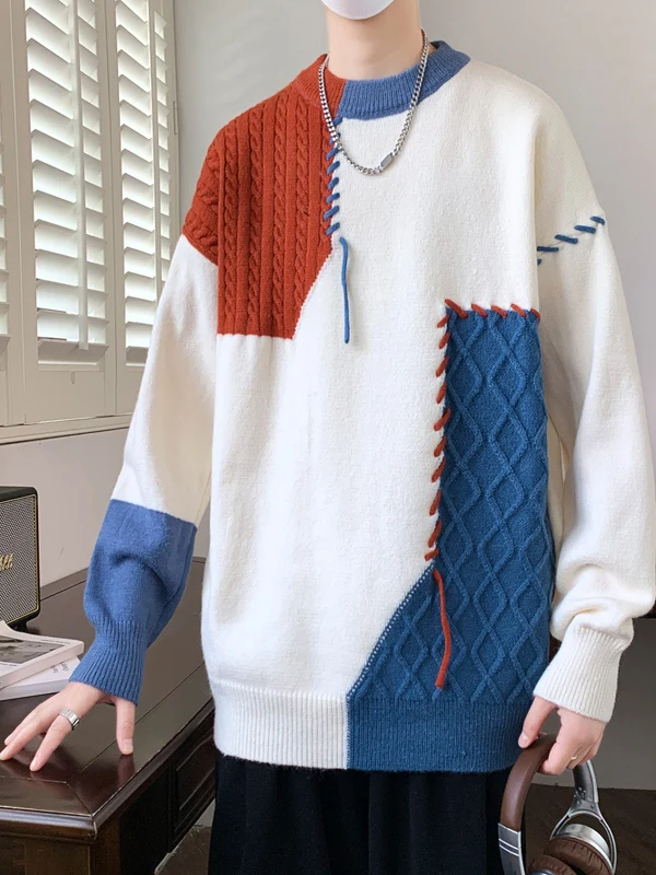 

Men's round Ne Knitwear Long Sve Inner Wear Casual Sle Splicing Design Autumn Winter Faionable Warm Top for Teens