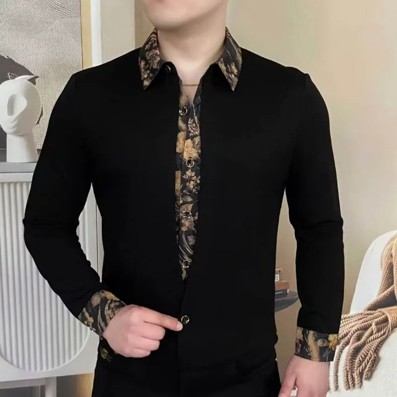Autumn and Winter Men's Fake Two-piece Long-sleeved T-shirt Shirt Lapel Casual Business Pullover T-shirts Men Clothing