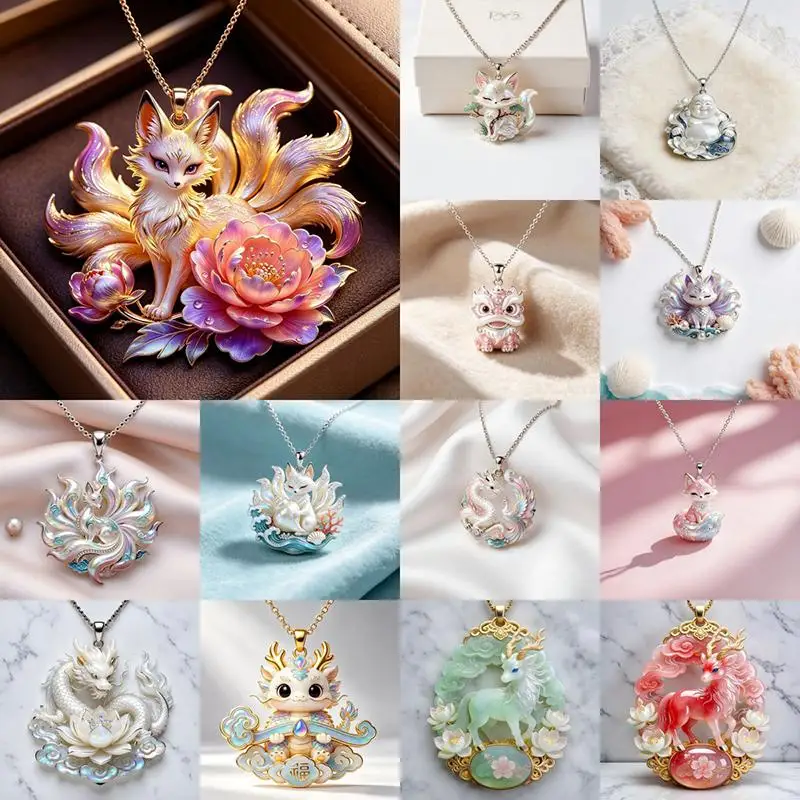 Nine-tailed Fox Enamel Pendant Necklace Exquisite Chinese Mythology Pattern Cute Jewelry for Women Teens BFF Friendship Gift