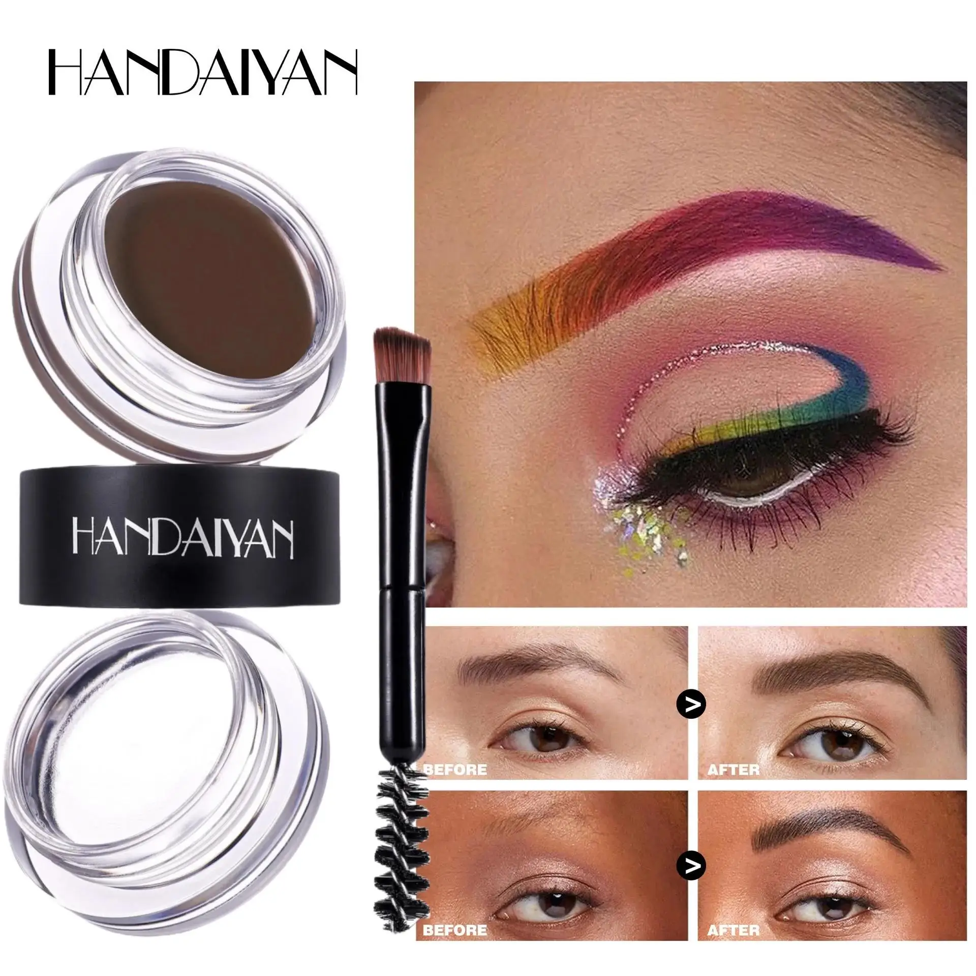 Pomada de cera para sobrancelha, creme à prova d'água de longa duração para aparência natural 3d, escovas duplas incluídas, gel intensificador, formato perfeito