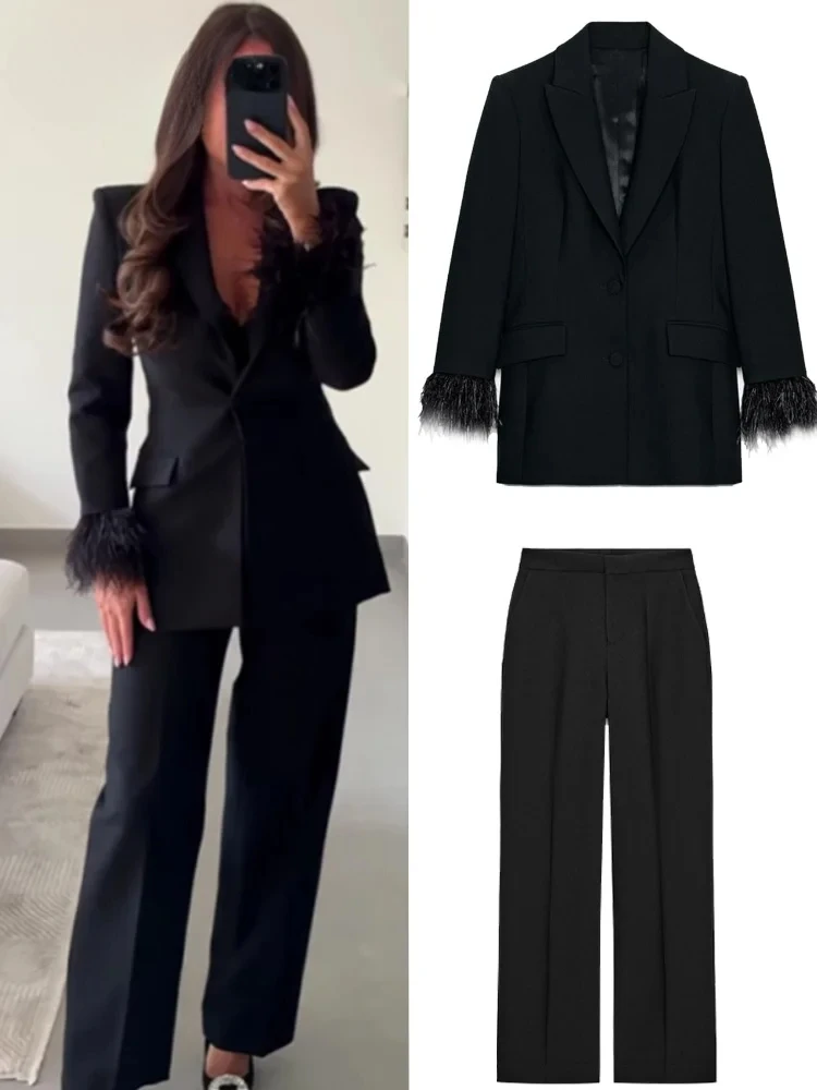 Elegant Feather Blazer Pants Sets Women Shoulder Pads Cinched Waist Suit Jackets Wide Leg Pant 2026 Autumn Lady Commute Suits