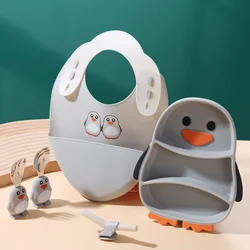 Creative Children's Silicon Plastic Date 304 Stainless Steel Cartoon Penguin Spoon Fork Strifice Bib