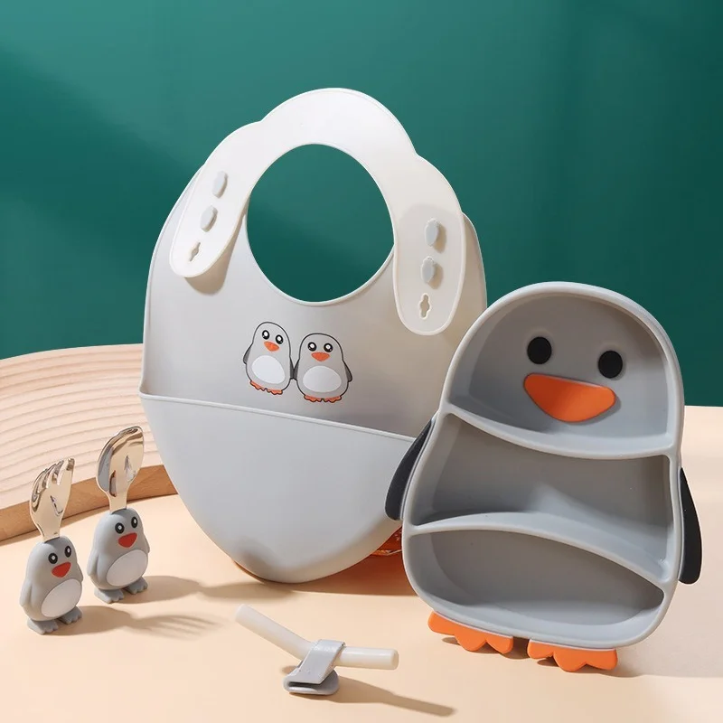 Creative Children's Silicon Plastic Date 304 Stainless Steel Cartoon Penguin Spoon Fork Strifice Bib