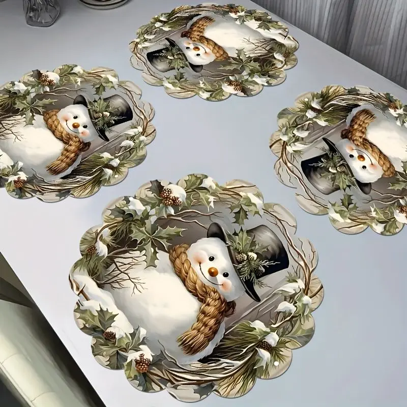 VIKAMA Snowman Holly Pinecone Wreath Placemat Wavy Edge Winter Hat Scarf Berry Pine Branch Christmas Table Mat Decor Cute Kawaii