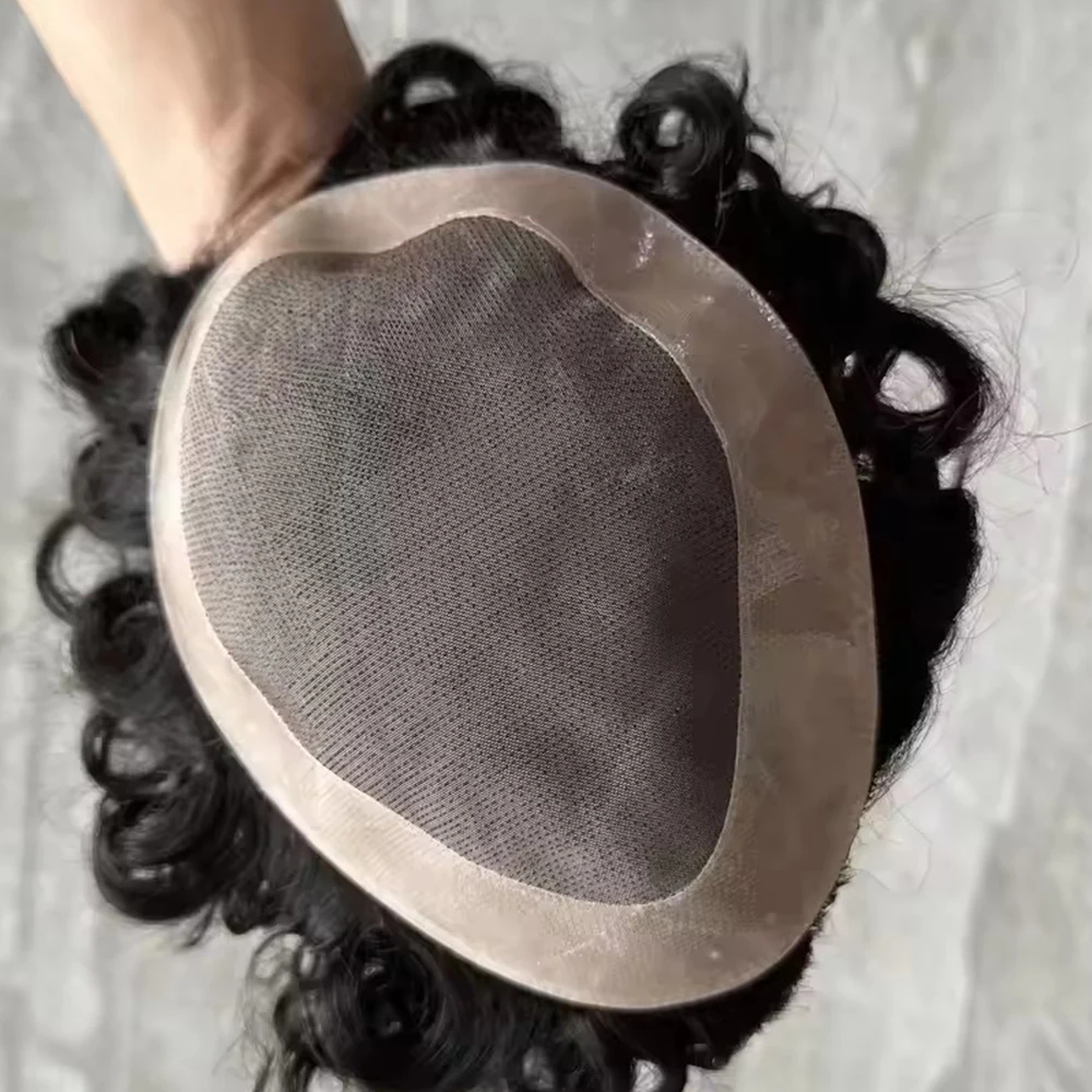 Herren-Toupet aus strapazierfähigem, braunem, 20 mm und 26 mm lockigem, 100 % Echthaar, feines Mono-Netz, Spitze, PU-Basis, Perücken, Haarprothesen-Systeme, Haarstücke – Detail 2