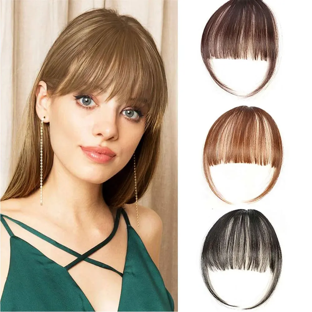 Sentetik hava patlama isıya dayanıklı Hairpieces saç kadınlar doğal siyah açık kahverengi patlama saç klipler uzantıları için