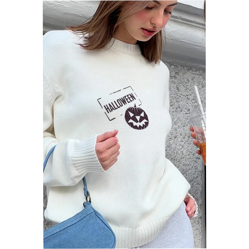 Women's Sweater Clothing Vintage Knitted Halloween Letter Pumpkin Pattern Y2K Sweater Jumper Round Neck Harajuku Long Sleeve Top