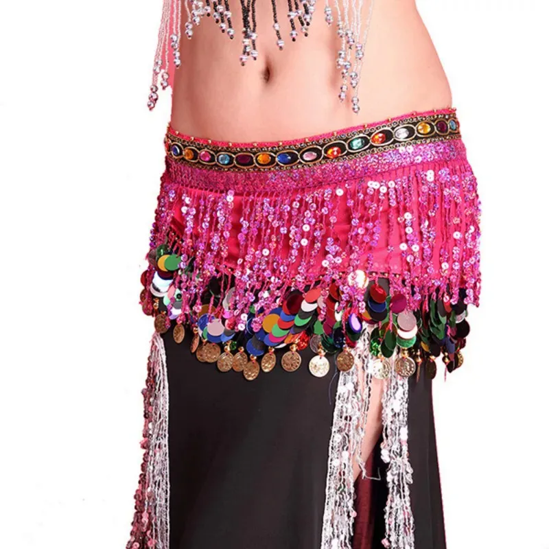 Female Beaded Sequins Belly Dance Costume Women Coin Tassels Hip Scarf Dancing Training Suit Carnival Rave Outfit Versatile