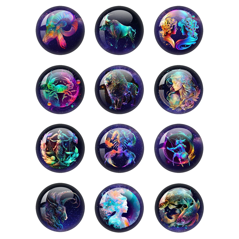 12 Zodiac Taurus Pisces Aries Leo 12 Constellations Round Glass Pure Handmade Creative Jewelry Glass Cabochon Flat