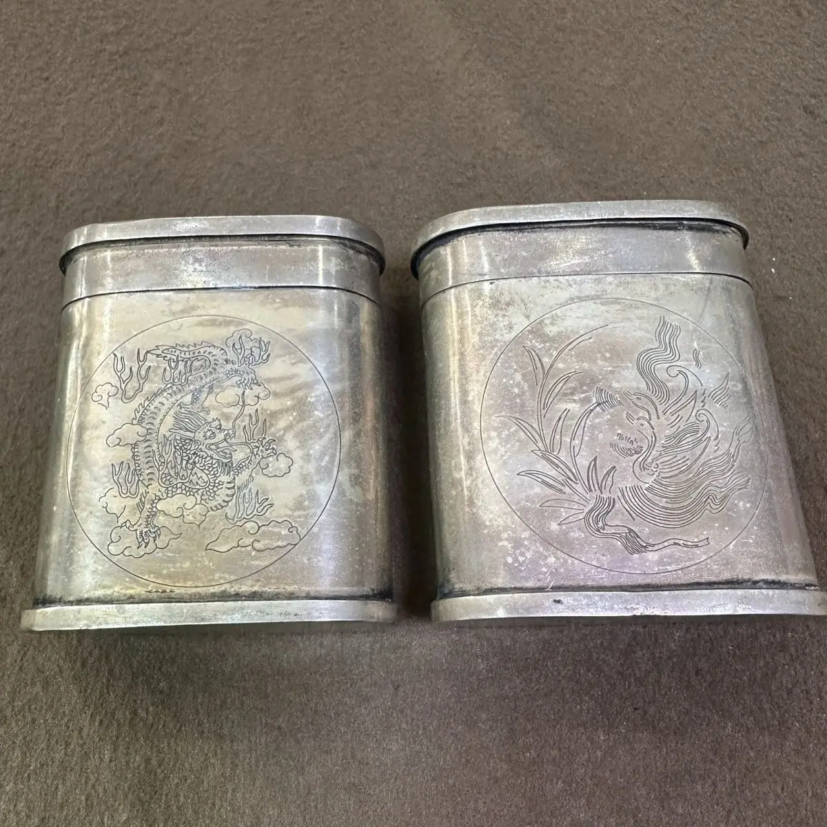 Antique engraved white copper dragon and phoenix mandarin duck tobacco box single price