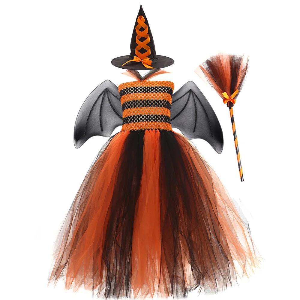 Kids Girls Witch Costume Halloween Cosplay Dress Glittery Mesh Tutu Dress with Pointed Hat for Carnival Party Dress Up Clothes