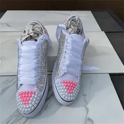 White low top pearl rhinestones ribbon custom style canvas shoes integrated sports casual shoes women's shoes 35-46