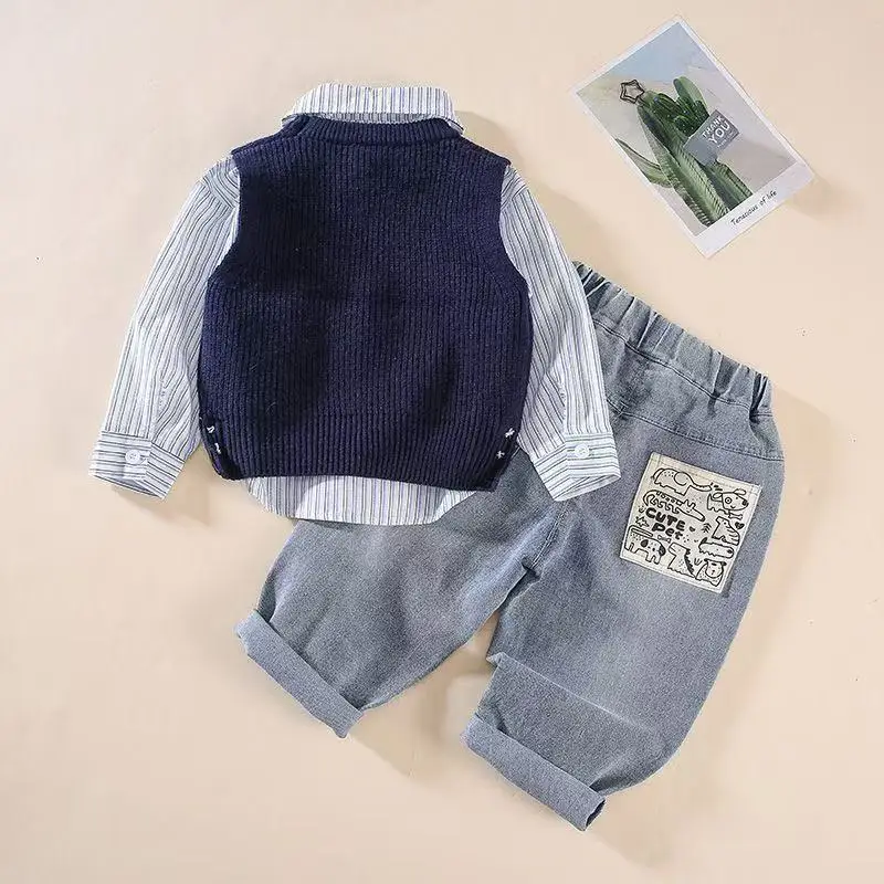 Boys\' Spring and Autumn Set Children\'s Sweater+Vest+Jeans Three piece Set 2025 New Style 1-5 Year Old Boys\' Baby 3 Pcs
