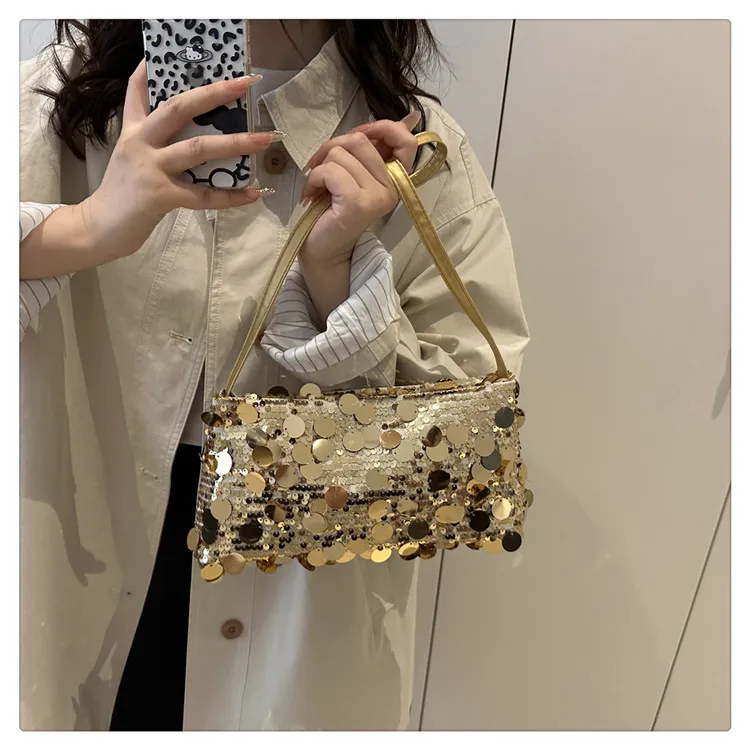 Neue Pailletten-Abendtasche, Schultertasche für Damen, leicht, tragbar, Damen-Umhängetasche mit Riemen, einfarbig, modische Handtasche für Frauen. – Detail 14