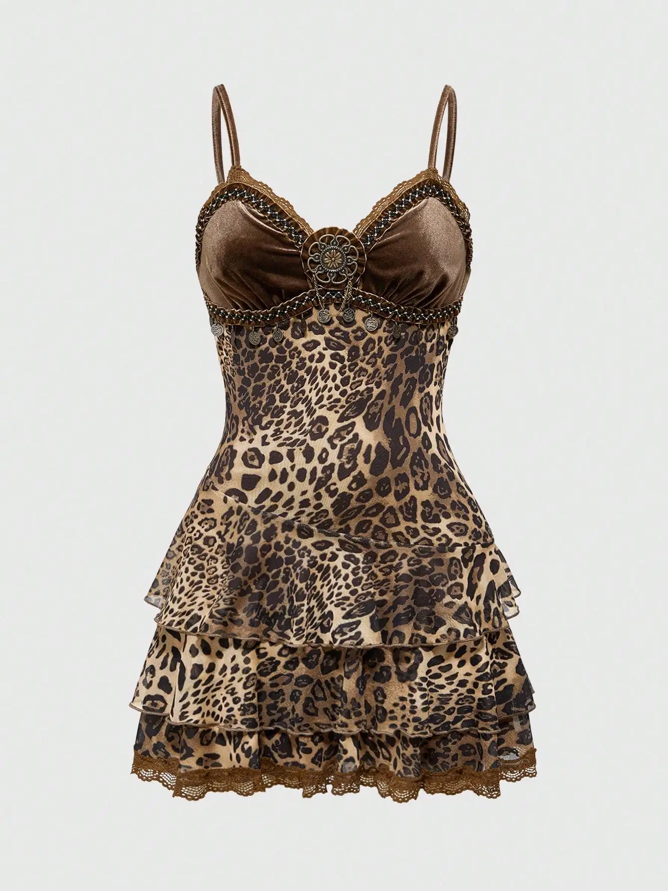 

Leopard Print Velvet Bustier Slip Dress with Tiered Ruffles and Embellished Trim