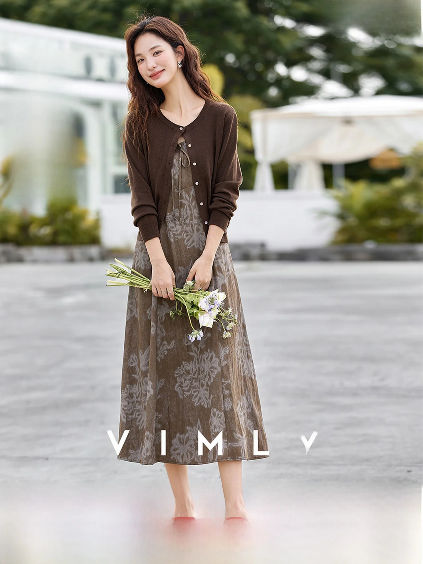 

Elegant Fashion Set Women's round Neck Open Cardigan Strap Waist Slimming Dress Two Piece Set High Elasticity Long Sleeve Pol...