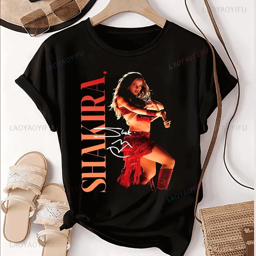 Vintage Singer Shakira Printed T-shirt Top Neutral Trend Harajuku Short Sleeved Unisex Shirt Pattern Large T-shirt