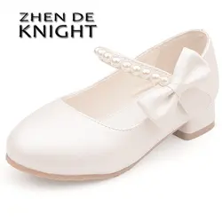 Spring Children's Leather Shoes White Bow Girls High-heeled Princess Shoes Fashion Simple Catwalk Pearl Shoes Size 26-38