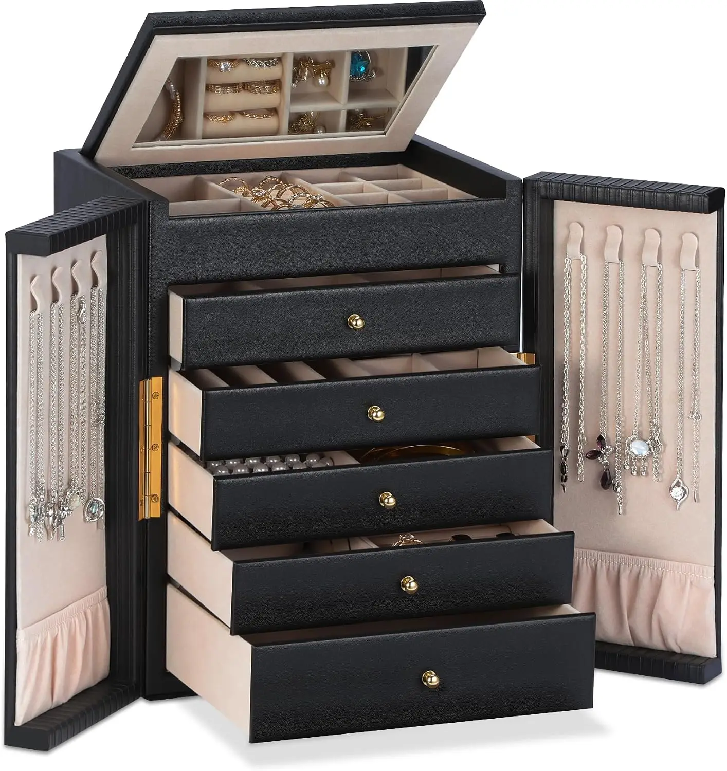 Large Jewelry Organizer Box, 6-Tier Jewelry Storage Case with 5 Drawers, Jewelry Boxes for Women Girls with Mirror, Double Door, Textured PU Leather, Gift Idea, Stylish (Black + Gold)