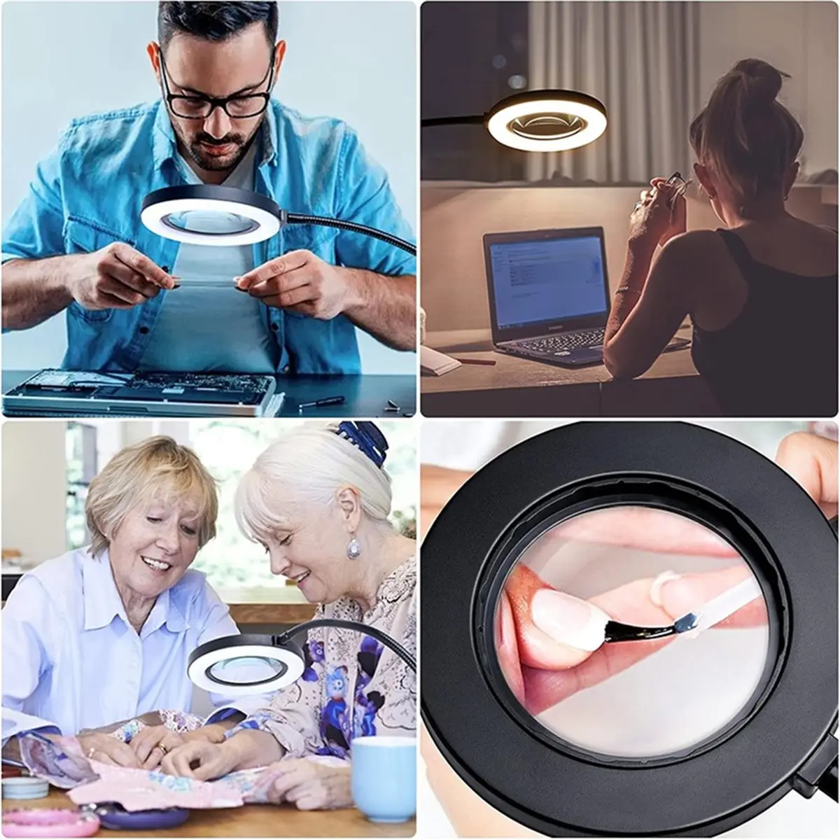 AA25 10X Magnifying Glass with Clip 56LED Magnifier Lamp 3 Color Mode 10 Brightness Dimmer 360° Flexible Gooseneck Lights