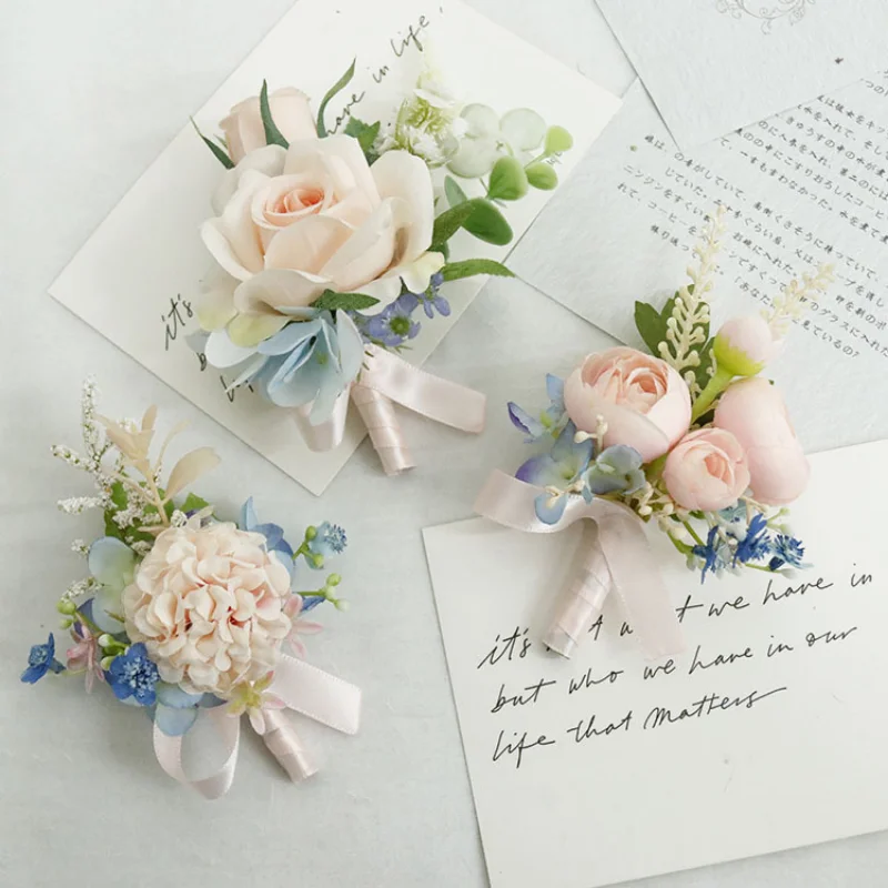 Corsage de Fleurs Artificielles Roses et Bleues Coréennes, Accessoires de Demoiselle d'Honneur, Boutonnière, Décoration de Mariage