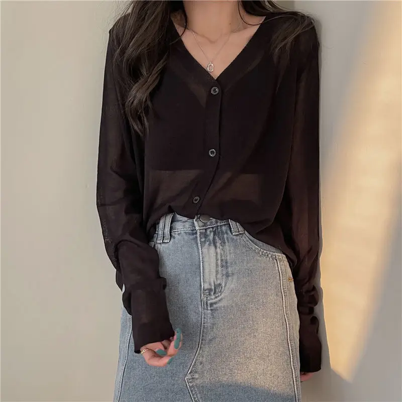 Womens Clothing Summer Korean Simple Style Comfortable Ice Silk Thin Knitwears Solid V Neck Long Sleeve Slim Fit Button Cardigan