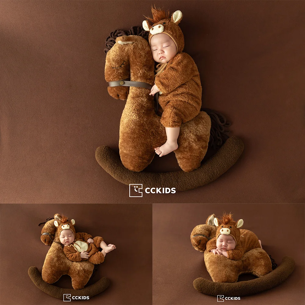 Professional Newborn Photography Props Baby Romper Plush Pony Dolls Rocking Horse for Baby Posing Props Studio Cute Horse Theme